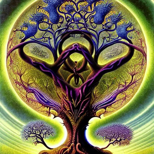 Image similar to sacred mulberry tree by roger dean and andrew ferez, art forms of nature by ernst haeckel, divine chaos engine, tree of life, symbolist, visionary, art nouveau, botanical fractal structures, lightning, surreality, lichtenberg figure