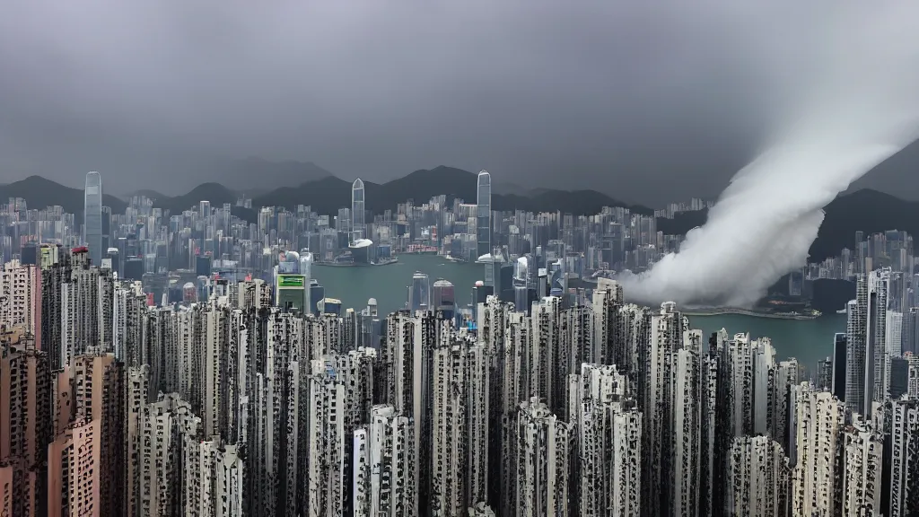 Image similar to a tornado ripping through the city of hong kong