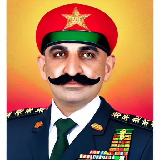 Prompt: professional portrait of an arab military general with a big mustache wearing a beret, rainbow background, 8 k, intricate, detailed,