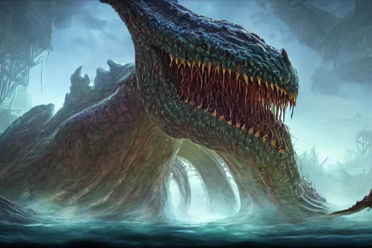 Image similar to highly detailed portrait photo of a huge mûmakil-yogg-saron, in a scenic dystopian environment, hyperrealistic Illustration