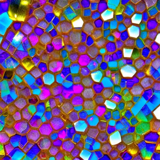 Image similar to pattern of joined hexagonal clear quartz crystals, with a high refractive index, through which is clearly visible the beatific richly multicoloured lights of paradise, exquisitely clear and hyper realistically sharp,