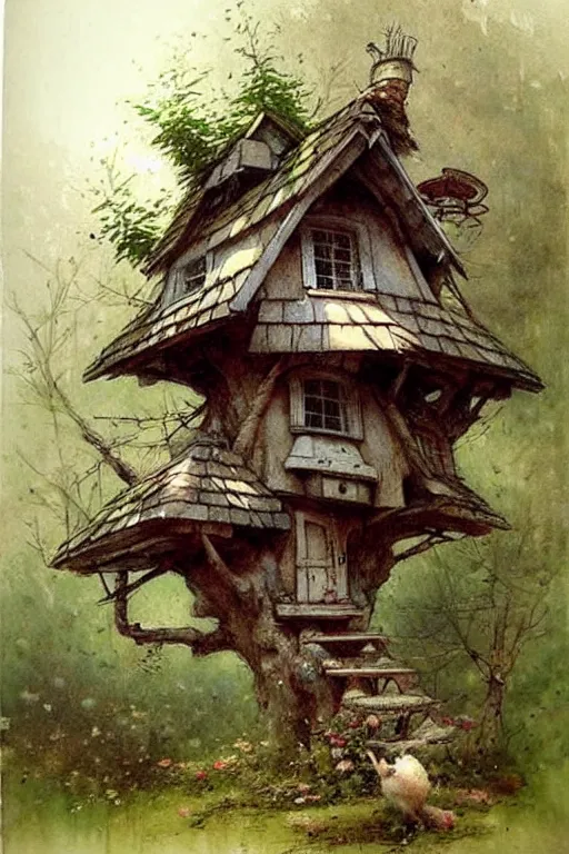 Image similar to (((((1950s fairy tale cottage tree house . muted colors.))))) by Jean-Baptiste Monge !!!!!!!!!!!!!!!!!!!!!!!!!!!