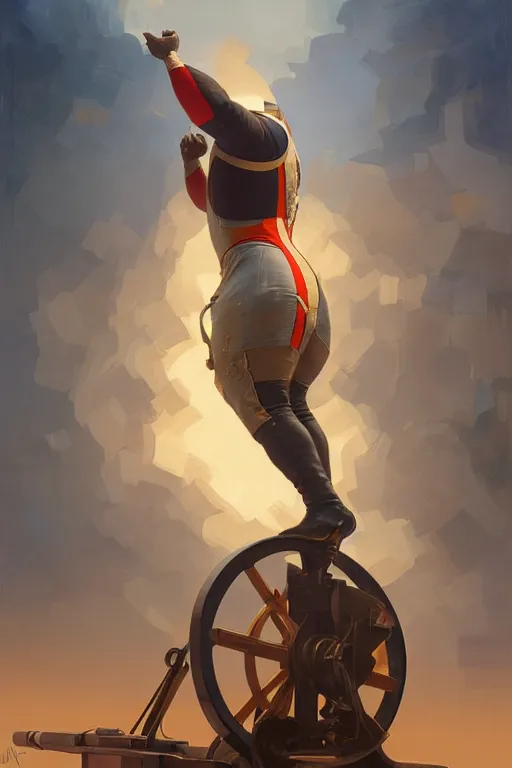 Prompt: man as human cannonball in the modern artillery cannon, realistic painting, symmetrical, highly detailed, digital painting, artstation, concept art, smooth, sharp focus, illustration, cinematic lighting, art by artgerm and greg rutkowski and alphonse mucha