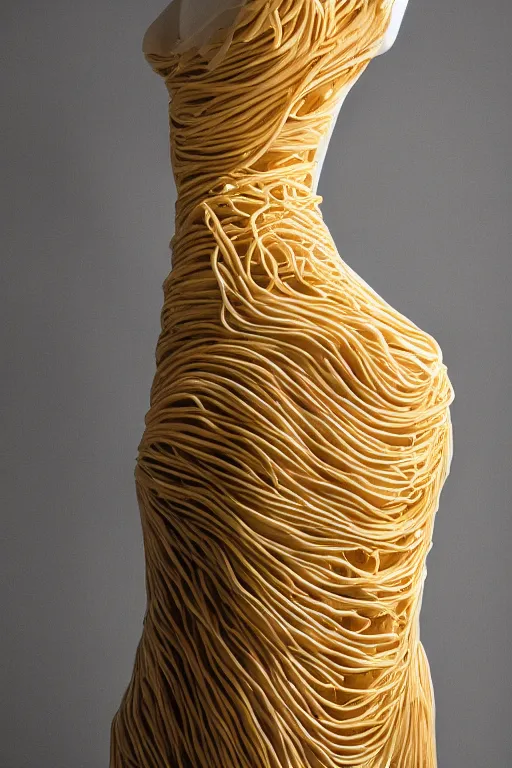 Prompt: A beautiful dress made out of a noodles, on a mannequin. High quality, high resolution, studio lighting