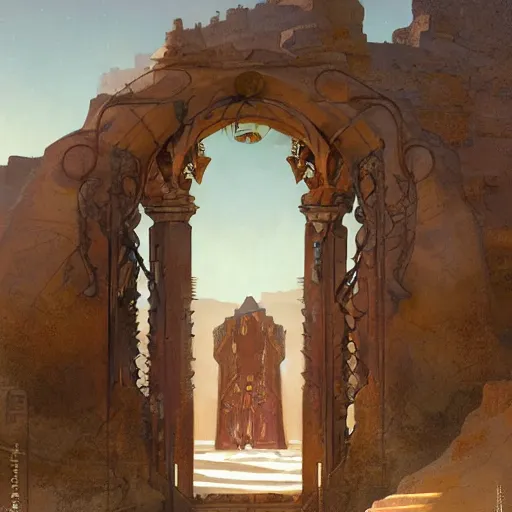 Image similar to art nouveau gate leading into rock-cut cyberpunk temple with Nabatean geometric decorations, figures cloaked in robes standing outside, hardy desert bushes, science fiction concept art by greg rutkowski and wayne barlowe and alphonse mucha