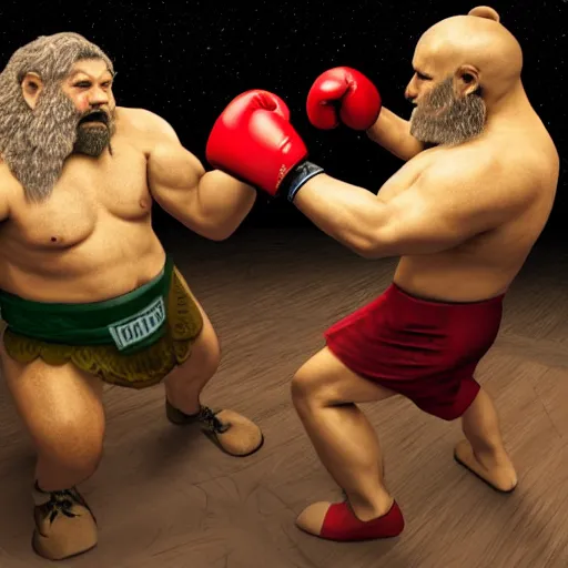 Prompt: dwarven men with boxing gloves fighting a lion