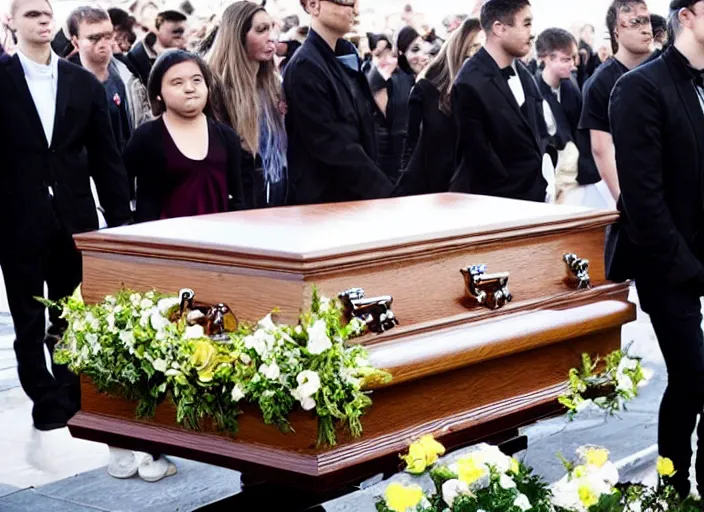 Image similar to Photo of Skrillex at a funeral performing on a coffin