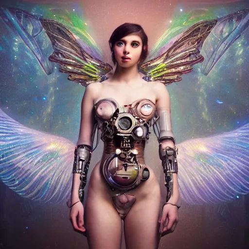 Image similar to a beautiful intricate fine art portrait photo of a a mechanical industrial steampunk cybernetic angel with neon wings against galactic space, soft backlight, by tom bagshaw and zach sutton, perfection!, milk bath photography, studio lighting, 3 5 mm lens, very detailed, bionic, cybernetic scifi, deep depth of field, artstation, 8 k, highly coherent