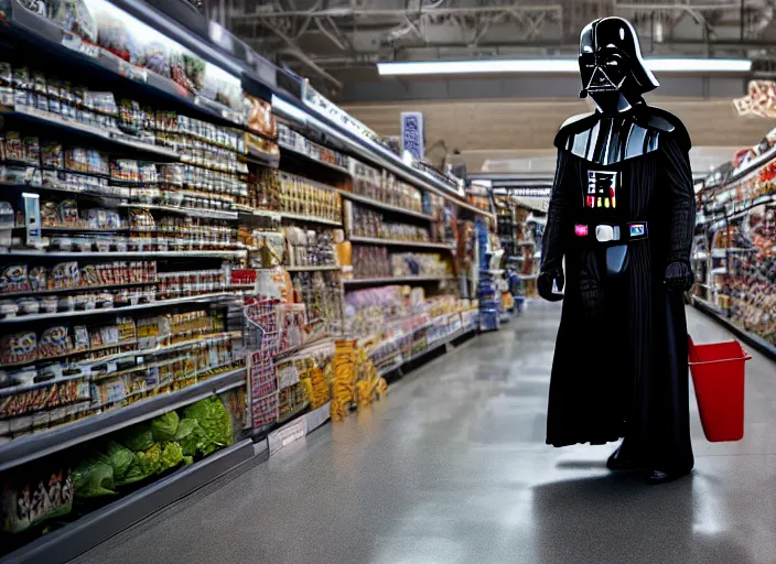 Image similar to film still of Darth Vader goes grocery shopping in the new Star Wars movie, 4k