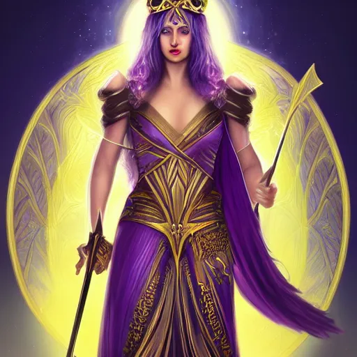 Prompt: a beautiful realistic painting of queen of swords, goddess of the city, symetric visage, swords in both hands, tarot card, full body picture, golden throne, purple hair, golden ratio, intricate, elegant, highly detailed, digital painting, artstation, 8 k,