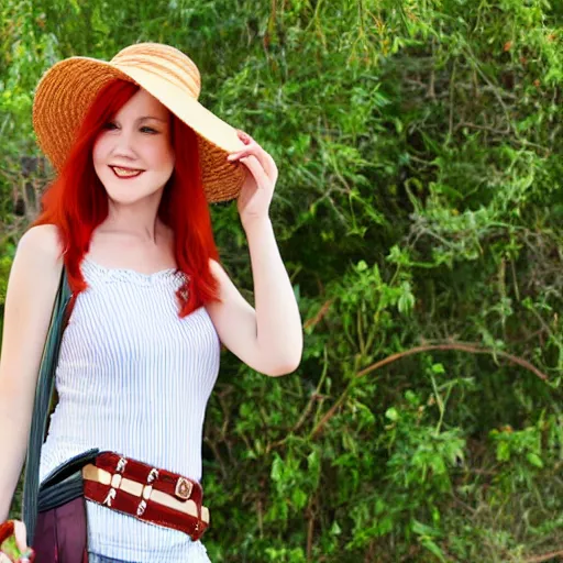 Image similar to red headed young woman wearing a wide brimmed straw hat and a fanny pack, belt bag, bum bag