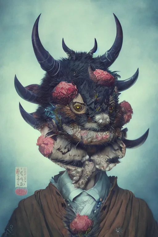 Image similar to a portrait of a cute japanese devil animal illustrated by miyazaki by karol bak, james jean, tom bagshaw, rococo, sharp focus, trending on artstation, cinematic lighting, hyper realism, octane render, 8 k, hyper detailed, vivid, ultra detailed, highly detailed