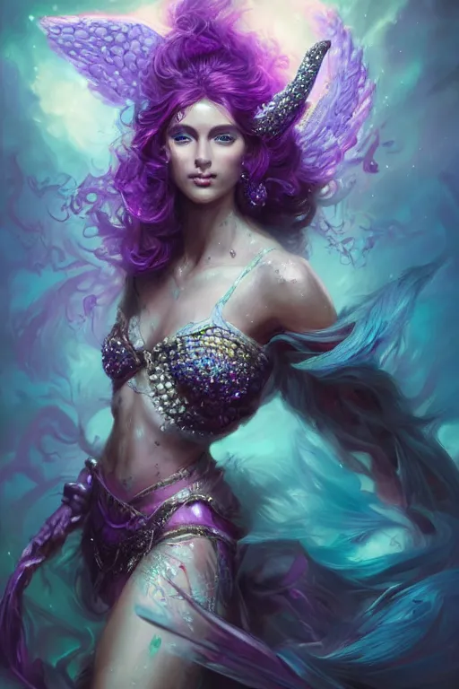 Image similar to beautifulmodel face covered with diamonds wearing crystals, diamonds, angel, fantasy, dramatic lighting, highly detailed, digital painting, magic the gathering, purple background storm, hyper detailed, 3 d render, hyper realistic detailed portrait, peter mohrbacher, wlop, ruan jia