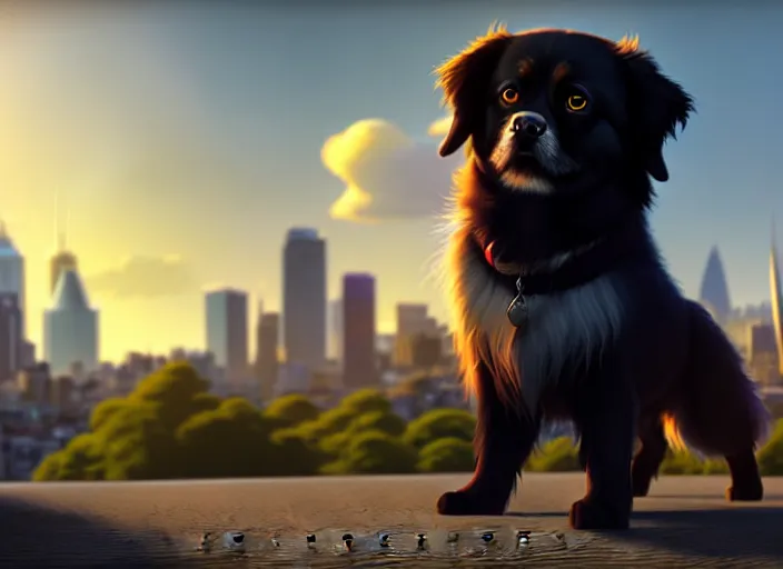 Image similar to a wholesome animation key shot of a black tibetan spaniel, perth city in the background, studio ghibli, pixar and disney animation, sharp, rendered in unreal engine 5, anime key art by greg rutkowski, bloom, dramatic lighting