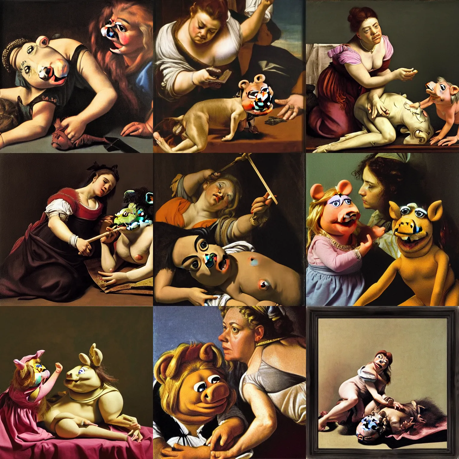 Prompt: Artemisia Gentileschi's Judith slaying Holofernes, reenacted by Miss Piggy and Kermit