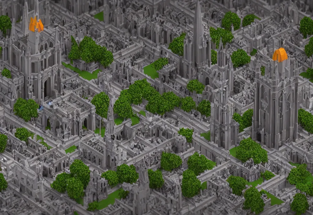 Image similar to isometric voxel cathedral, cinematic lighting, 4k