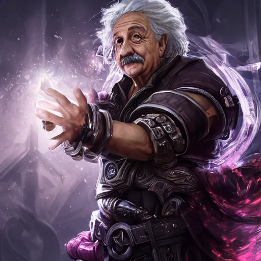 Image similar to portrait of albert einstein as a spellcaster, league of legends amazing splashscreen artwork, gears of war, splash art, natural light, elegant, photorealistic facial features, intricate, fantasy, detailed face, atmospheric lighting, anamorphic lens flare, cinematic lighting, league of legends splash art, hd wallpaper, ultra high details by greg rutkowski