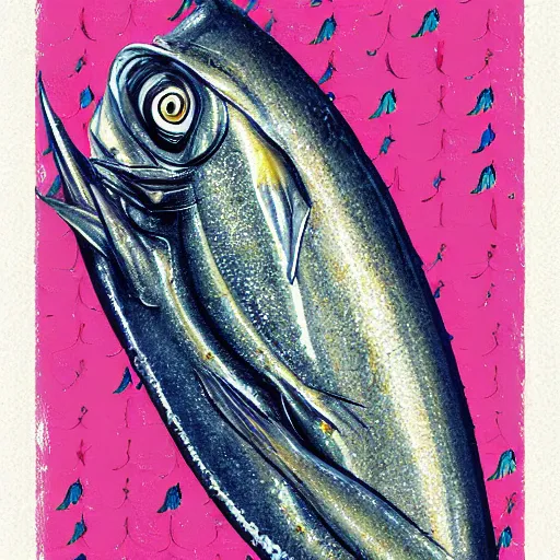 Prompt: sardine in a can, by gyotaku