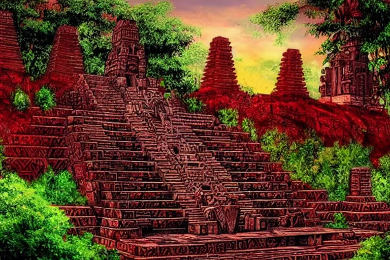 Image similar to ornate detailed aztec temple, flowing blood down steps, jungle setting, red sunset sky