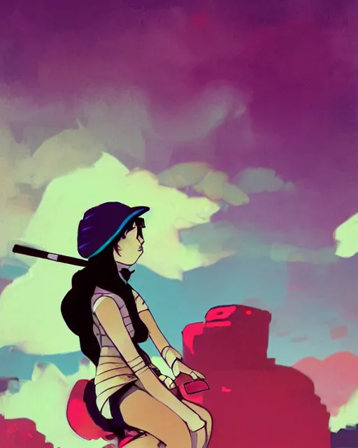 Image similar to girl with beret smoking a cigarette, colored manga panel, drawn by Anton Fadeev