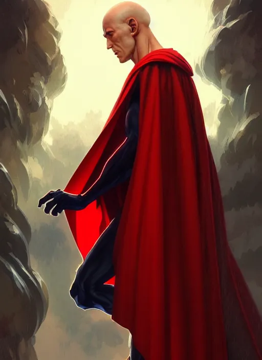 Image similar to ultra realistic illustration, handsome saitama. red cape, intricate, elegant, highly detailed, digital painting, artstation, concept art, smooth, sharp focus, illustration, art by artgerm and greg rutkowski and alphonse mucha and wlop