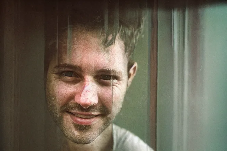 Prompt: a cinematic!! headshot photograph!! of a happy male, looking through frosted glass, dirt, film still, cinematic lighting, by bill henson, jeremy mann