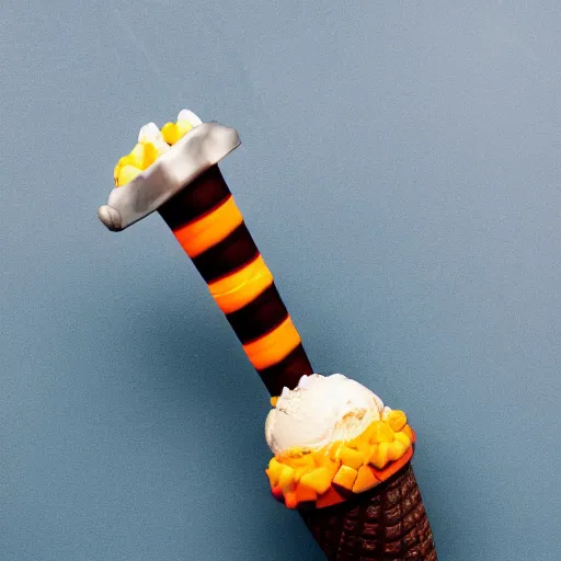 Image similar to a detailed photograph of an ice cream cone studded with candy corn like a medieval mace.