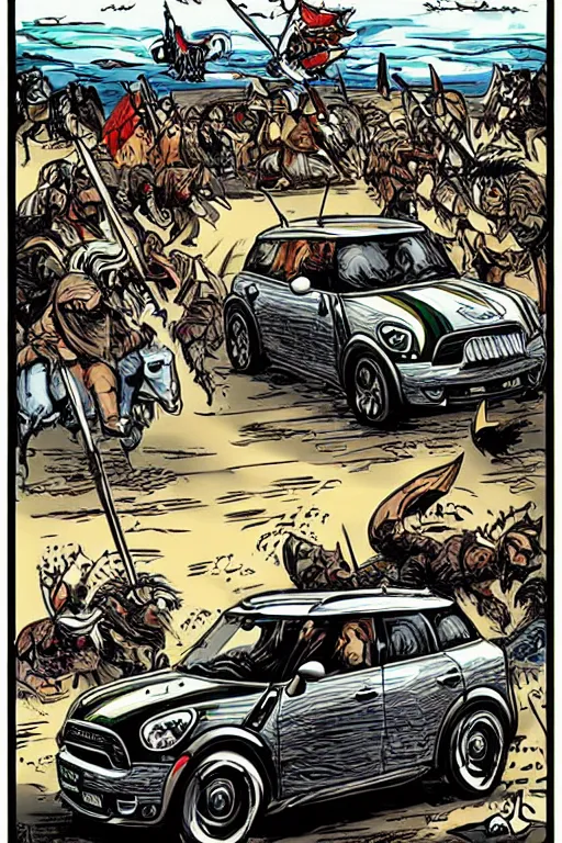 Prompt: “Poster of Mini Cooper Countryman Hybrid in the middle of viking battle. Retro cartoon caricature.”