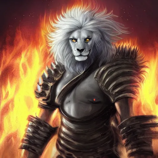 Image similar to Lionman with white hair and glowing yellow eyes wearing leather armor, walking towards the camera, burning city in background, charred landscape, full body art, wielding a longsword, fantasy art, Dim Lighting