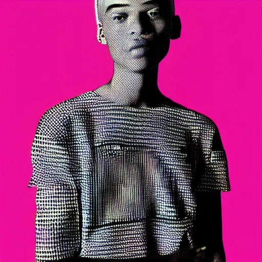 Prompt: halftone risograph print of a new balenciaga lookbook, blonde woman, photo in style of tyler mitchell, 3 5 mm,