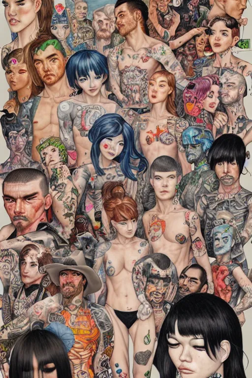 Image similar to full view, from a distance, of cowboys with tattoos, style of yoshii chie and hikari shimoda and martine johanna, highly detailed