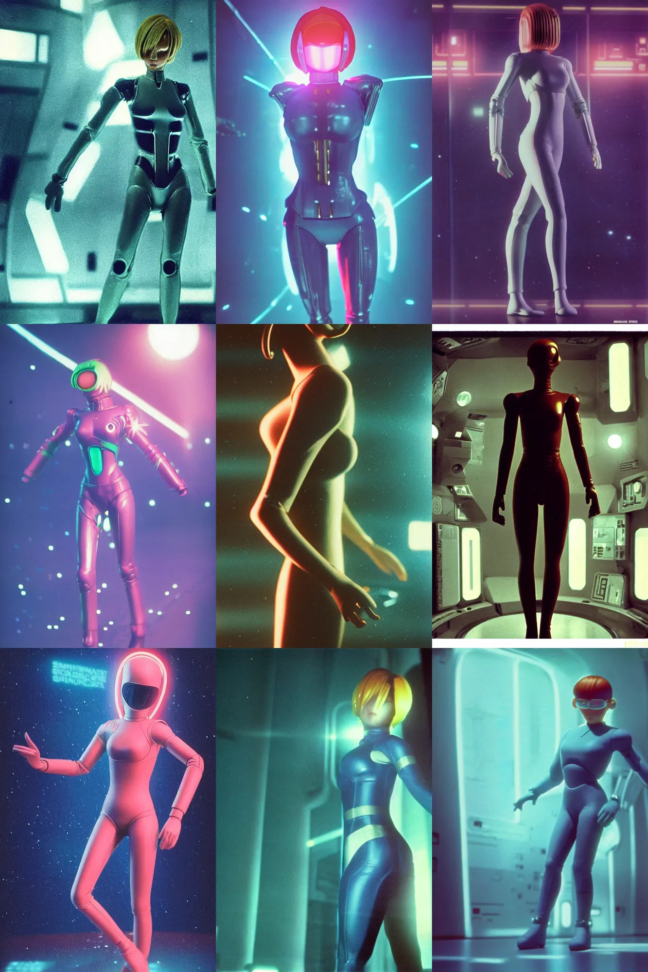 Prompt: Cinestill 50d, 8K, 35mm,J.J Abrams flare; beautiful ultra realistic vaporwave minimalistic pointé posed seinen manga samus suit aran in space(1950) film still medical lab dance scene, 2000s frontiers in blade runner retrofuturism fashion magazine September hyperrealism holly herndon edition, highly detailed, extreme closeup three-quarter pointé posed model portrait, tilt shift zaha hadid background, three point perspective: focus on anti-g flight suit;pointé pose;open mouth,terrified, eye contact, soft lighting