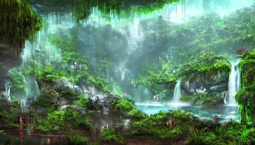 Image similar to concept art of a huge underground jungle cave with waterfalls, lakes, luminescent plants, colorful, high detailed, ultra realistic