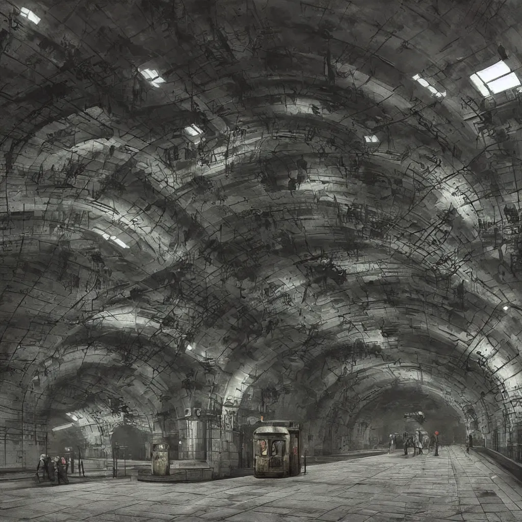 Prompt: underground metro after nuclear war, dieselpunk, atmospheric, industrial, soviet architecture, realistic brutalism in style of dmitry glukhovski