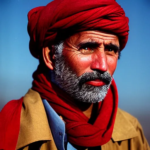 Image similar to portrait of president martin ban biden as afghan man, green eyes and red scarf looking intently, photograph by steve mccurry