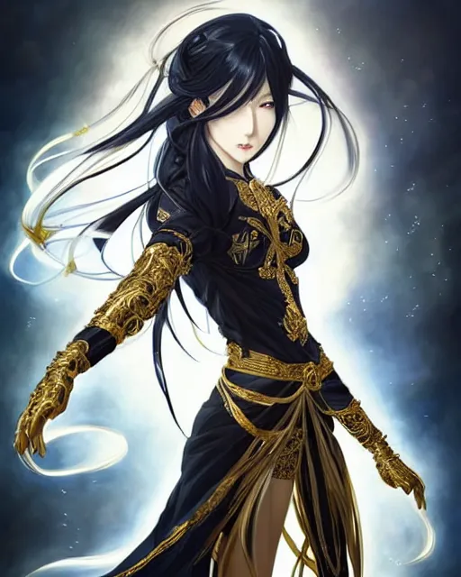 Image similar to beautiful anime portrait of a female fighter!! long black hair! silver eyes! fighting stance!!!! intricate ornate gold and black outfit!!! elegant, artbook, fine details by stanley artgerm lau, wlop, rossdraws, james jean, andrei riabovitchev, marc simonetti, and sakimichan, trending on artstation