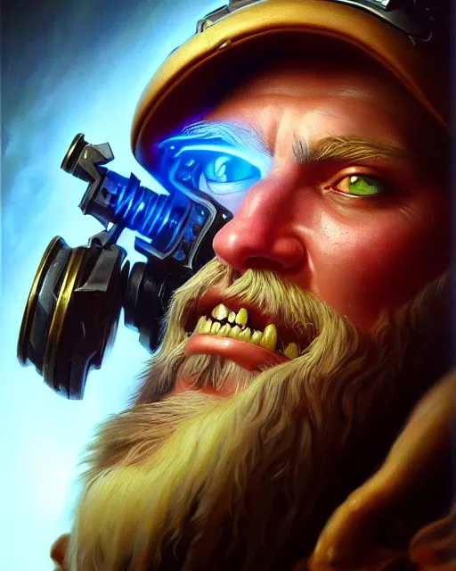 Image similar to torbjorn from overwatch, fantasy, fantasy art, character portrait, portrait, close up, highly detailed, intricate detail, amazing detail, sharp focus, vintage fantasy art, vintage sci - fi art, radiant light, caustics, by boris vallejo