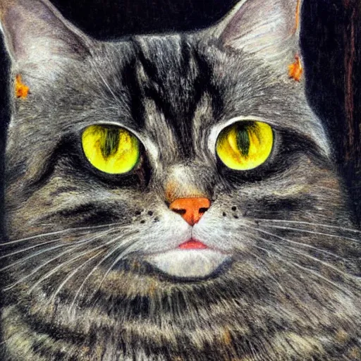 Image similar to portrait of a very fluffy dark tabby cat with green eyes, intricate, elegant, highly detailed, smooth, sharp focus, illustration, art by gustav klimt