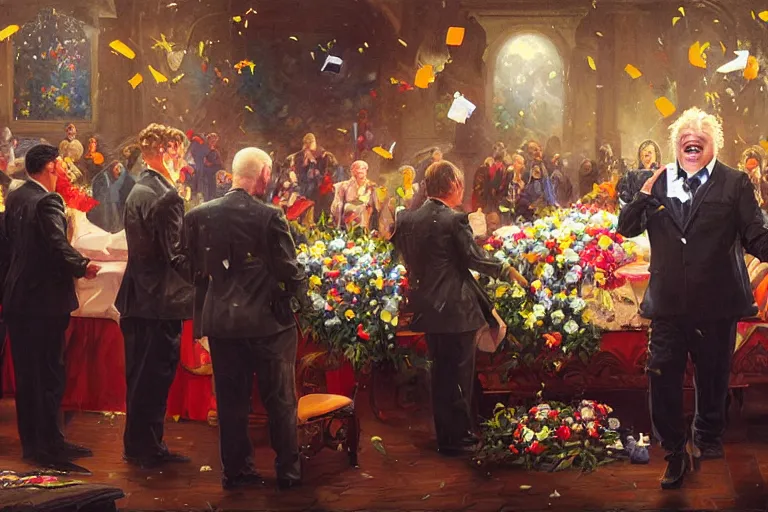 Image similar to portrait of rip taylor throwing confetti during a funeral service, an oil painting by ross tran and thomas kincade