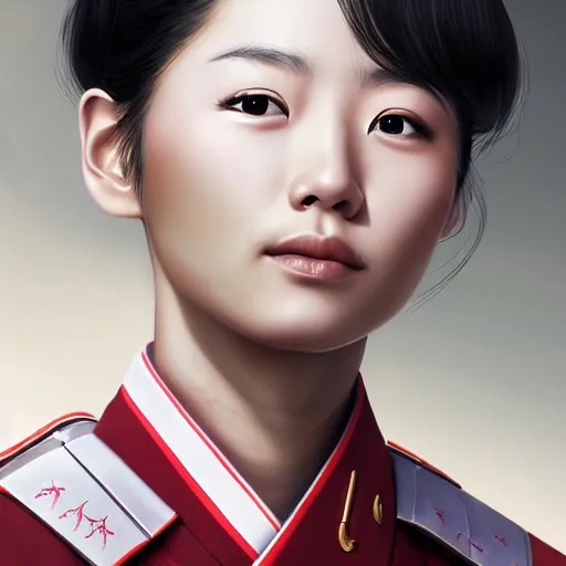 Prompt: portrait of beautiful japan woman soldier in uniform, by artgerm, nick silva, ja mong, greg rutkowsky, digital, soft painting, photorealism, skin reflections