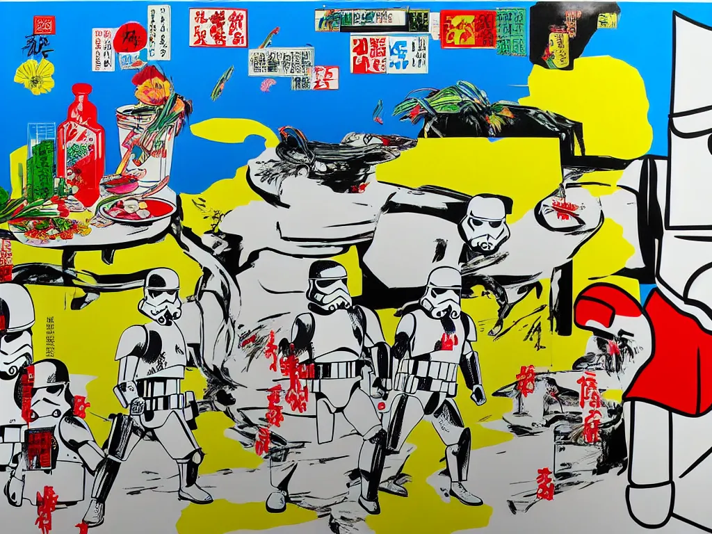 Prompt: hyperrealism composition of the asian home with a garden, detailed stormtrooper in hot springs, pop - art style, jacky tsai style, andy warhol style, roy lichtenstein, acrylic on canvas