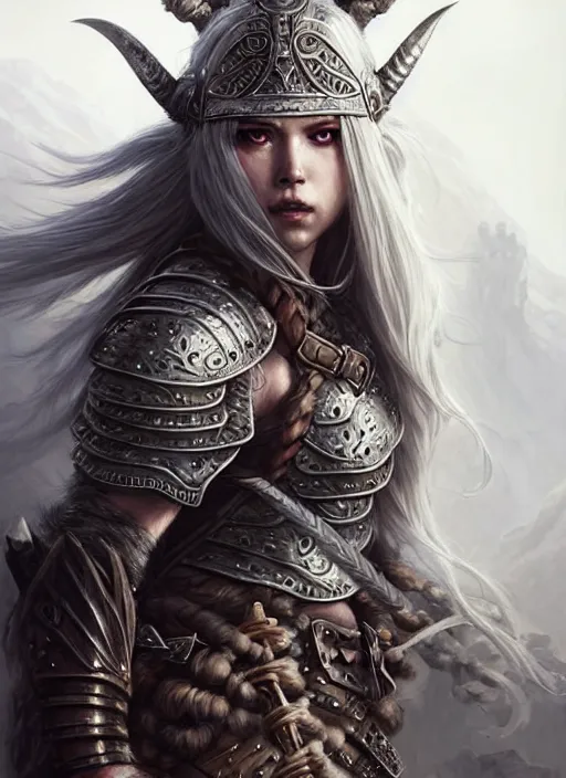 Prompt: barbarian, plated armor!!! long wild white hair!! fully clothed!!! fantasy, d & d, intricate ornate details, digital painting, pretty face!!, symmetry, concept art, sharp focus, illustration, art by artgerm! greg rutkowski magali villeneuve wlop! ilya kuvshinov!!, octane render