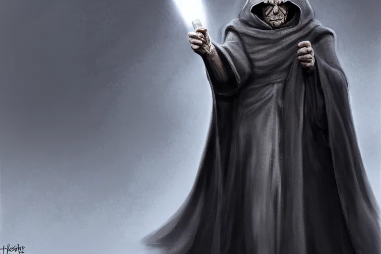 Image similar to emperor palpatine in robes, high detail, digital painting, clear focus, concept art,