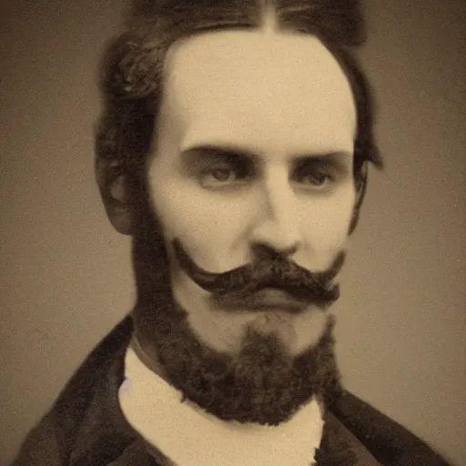 Image similar to A photograph portrait of Jerma985 with a pyramidal mustache in the early 1800s, taken in the early 1800s, 1840s, grainy, taken on a Field View Camera, realistic, hyperrealistic, very realistic, highly detailed, very detailed, extremely detailed, detailed, digital art, trending on artstation