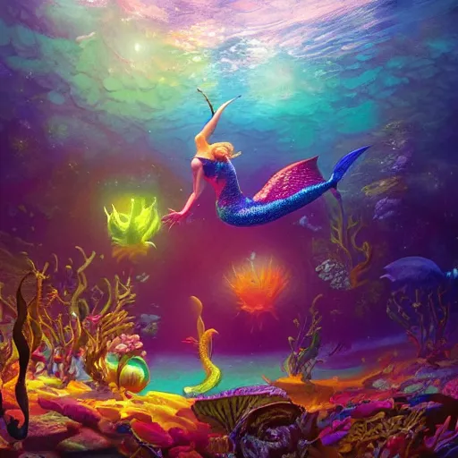 Image similar to a beautiful vivid colorful matte painting of mermaids dancing at an underwater discotheque by Grzegorz greg rutkowski and Tyler Edlin, with a disco ball, under the sea, ocean details, trending on ArtStation hq