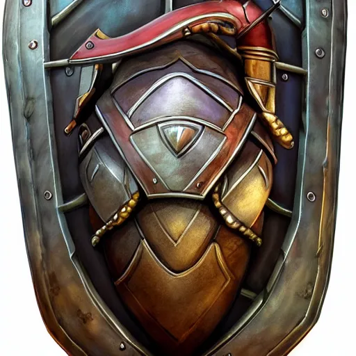 Prompt: an iron turtle shell with crossed swords, fantasy tavern sign, artgerm, highly detailed