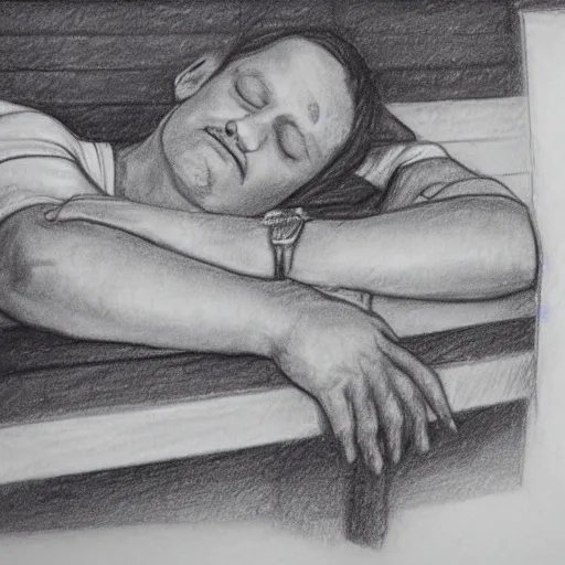 Prompt: pencil sketch of kid rock sleeping on a bench,