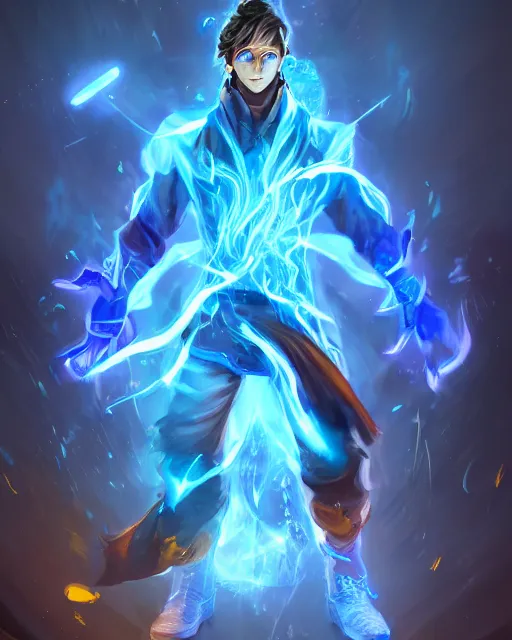 Image similar to an angry mysterious mage dressed in modern clothes controlling blue flames with his hands, fit on frame, golden ratio, WLOP style, character art, fighting pose, mixed media, digital art, trending on artstation, 8k, epic composition, highly detailed, sharp focus