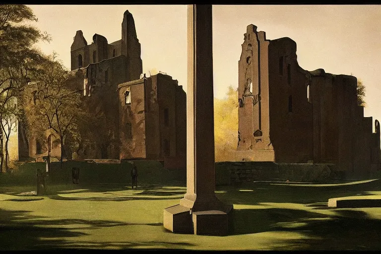 Prompt: valkhofpark nijmegen, barbarossa ruin, dramatic lighting, magic realism by carel willink, edward hopper, film still