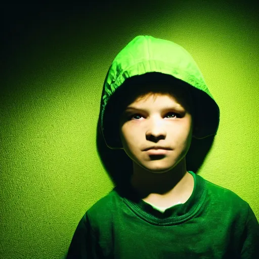 Image similar to a young boy with face lit by green glow at midnight, atmospheric epic award winning photo with volumetric cinematic lighting